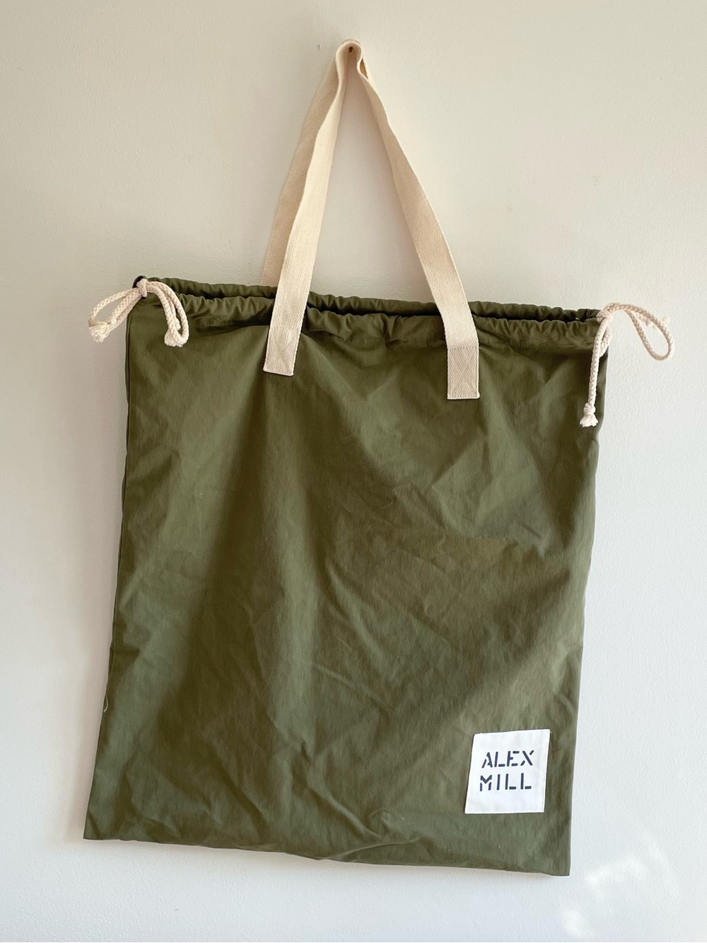 Alex Mill Olive Cotton Drawstring Tote with Natural Handles